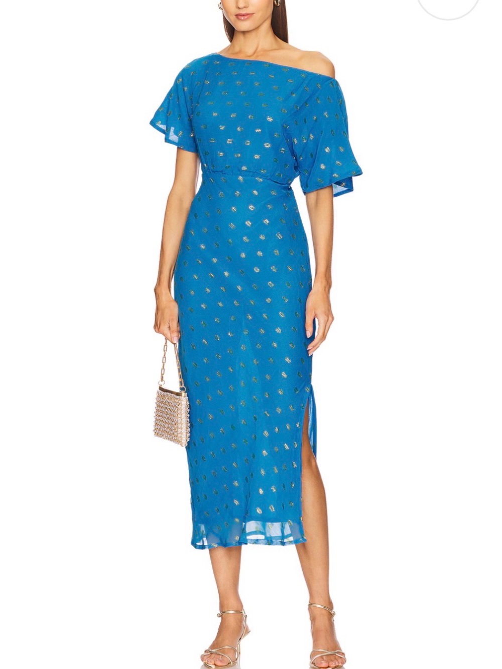 Never Fully Dressed Blue One-Shoulder Midi Dress with Gold Dot Detail- NWT